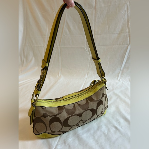 Coach Signature C Canvas and Chartreuse Leather Shoulder Bag - Picture 3 of 10